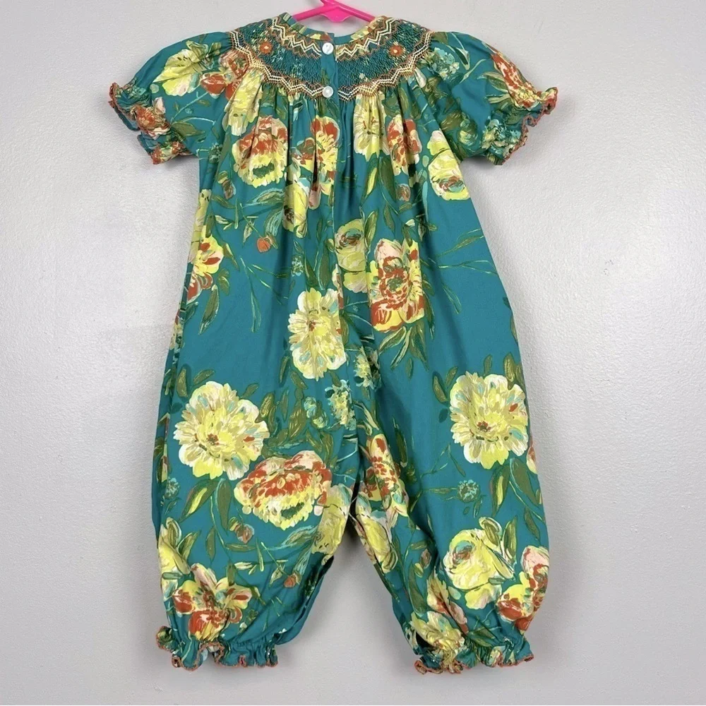 Le’ Za Me green yellow orange smocked full length balloon jumper, size 12 mos.